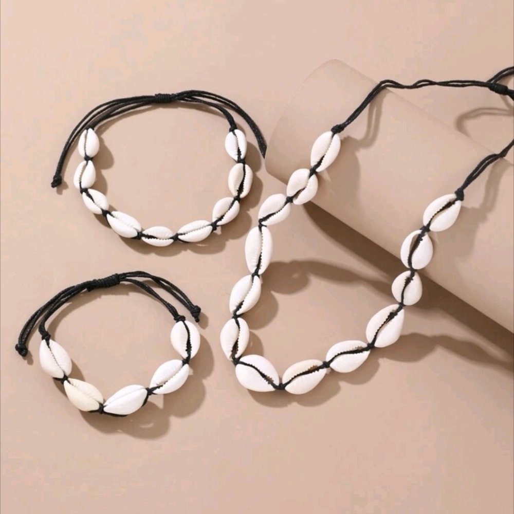 3 Piece Seashell Necklace White Anklet Bracelet Puka Pucca Shell Vacay Jewelry